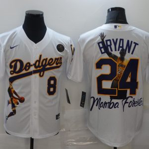 Los Angeles Dodgers Front #8 Back #24 Kobe Bryant White With KB Patch Cool Base Stitched Jersey