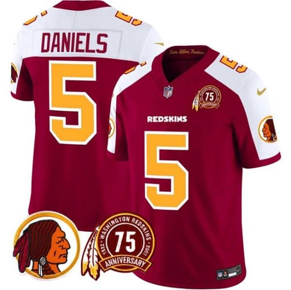 Washington Redskins #5 Jayden Daniels Burgundy White 2024 F.U.S.E. 75th Patch Throwback Vapor Limited Stitched Jersey