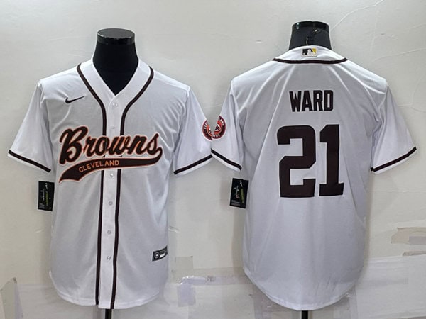Cleveland Browns #21 Denzel Ward White With Patch Cool Base Stitched Baseball Jersey