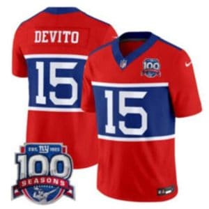 New York Giants #15 Tommy DeVito Century Red F.U.S.E. 100TH Season Commemorative Patch Limited Stitched Jersey