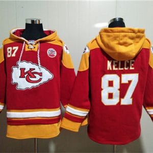 Kansas City Chiefs #87 Travis Kelce Red Lace-Up Pullover Hoodie