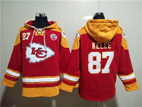 Kansas City Chiefs #87 Travis Kelce Red Lace-Up Pullover Hoodie