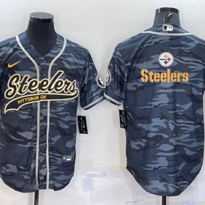 Pittsburgh Steelers Blank Gray Camo Team Big Logo With Patch Cool Base Stitched Baseball Jersey