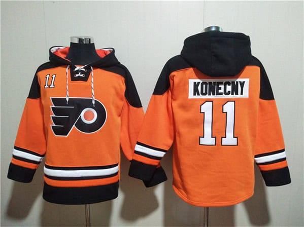 Philadelphia Flyers #11 Travis Konecny Orange Ageless Must-Have Lace-Up Pullover Hoodie