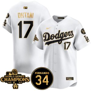 Los Angeles Dodgers #17 Shohei Ohtani White Gold 2024 World Series Champions Fernando Memorial Patch Vapor Premier Limited Stitched Jersey