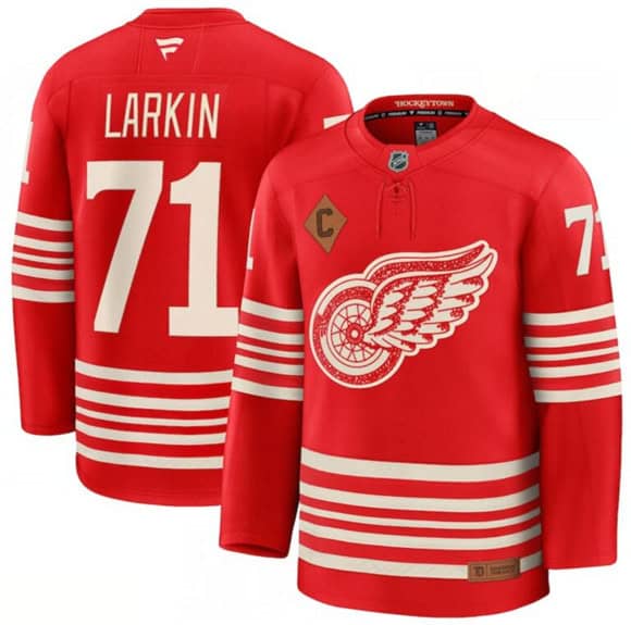 Detroit Red Wings #71 Dylan Larkin Red 2025 With C Patch Centennial Premium Stitched Jersey