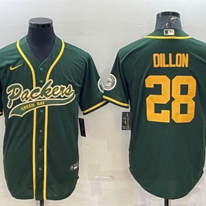 Green Bay Packers #28 A.J. Dillon Green Gold With Patch Cool Base Stitched Baseball Jersey