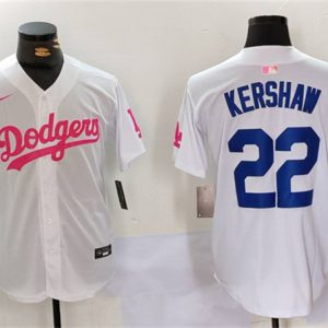 Los Angeles Dodgers #22 Clayton Kershaw White Pink Vin Kobe Patch Stitched Jersey