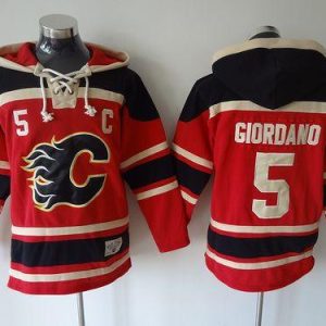 Flames #5 Mark Giordano Red Sawyer Hooded Sweatshirt Stitched Jersey