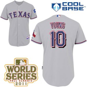 Rangers #10 Michael Young Grey Cool Base 2011 World Series Patch Stitched Jersey