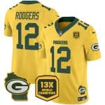Green Bay Packers #12 Aaron Rodgers Gold 2024 F.U.S.E. 13 Time World Champions And Home Patch Vapor Untouchable Limited Stitched Jersey