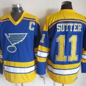 Blues #11 Brian Sutter Light Blue Yellow CCM Throwback Stitched Jersey