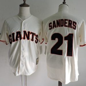 Mitchell And Ness Giants #21 Deion Sanders Cream Throwback Stitched Jersey
