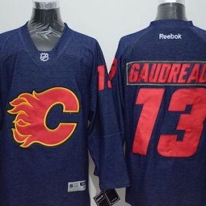 Flames #13 Johnny Gaudreau Navy Blue Denim Stitched Jersey