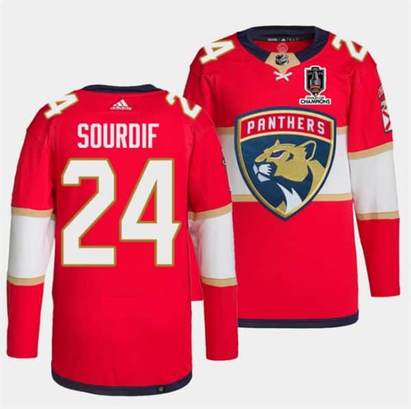 Florida Panthers #24 Justin Sourdif Red Home 2024 Stanley Cup Champions Stitched Jersey