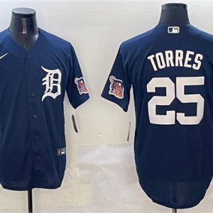 Detroit Tigers #25 Gleyber Torres Navy With Patch Cool Base Stitched Jersey