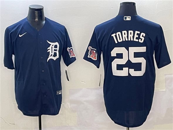 Detroit Tigers #25 Gleyber Torres Navy With Patch Cool Base Stitched Jersey