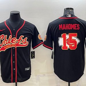 Kansas City Chiefs #15 Patrick Mahomes Black Team Big Logo With Patch Cool Base Stitched Baseball Jersey