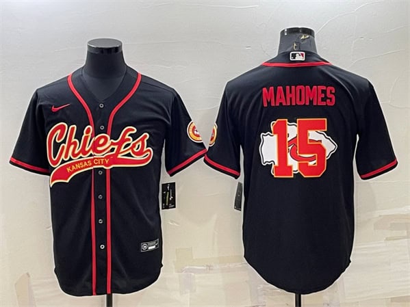 Kansas City Chiefs #15 Patrick Mahomes Black Team Big Logo With Patch Cool Base Stitched Baseball Jersey