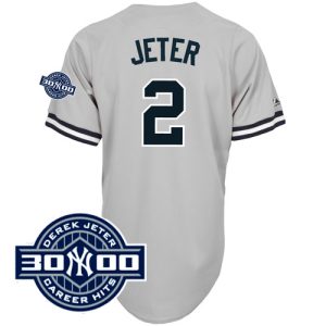 Yankees #2 Derek Jeter Grey W 3000 Hits Patch Stitched Jersey