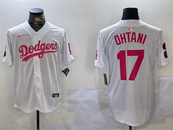 Los Angeles Dodgers #17 Shohei Ohtani White Pink Vin Kobe Patch Limited Stitched Jersey