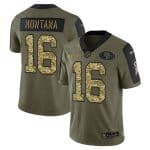 San Francisco 49ers #16 Joe Montana 2021 Olive Camo Salute To Service Limited Stitched Jersey