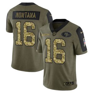 San Francisco 49ers #16 Joe Montana 2021 Olive Camo Salute To Service Limited Stitched Jersey