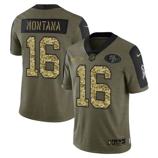 San Francisco 49ers #16 Joe Montana 2021 Olive Camo Salute To Service Limited Stitched Jersey