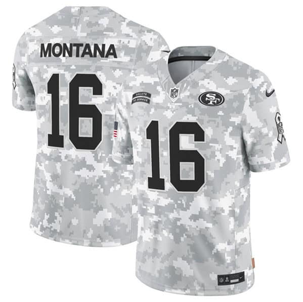 San Francisco 49ers #16 Joe Montana 2024 F.U.S.E. Arctic Camo Salute To Service Limited Stitched Jersey