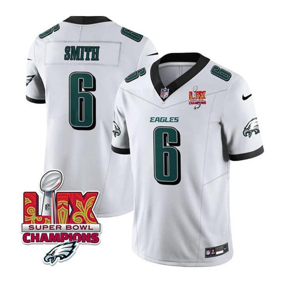 Philadelphia Eagles #6 DeVonta Smith White 2025 Eagles Logo Super Bowl LIX Patch New F.U.S.E. Vapor Untouchable Limited Stitched Jersey