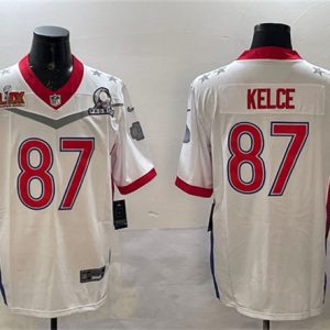 Kansas City Chiefs #87 Travis Kelce White 2025 Super Bowl LIX Patch Pro Bowl Vapor Limited Stitched Jersey