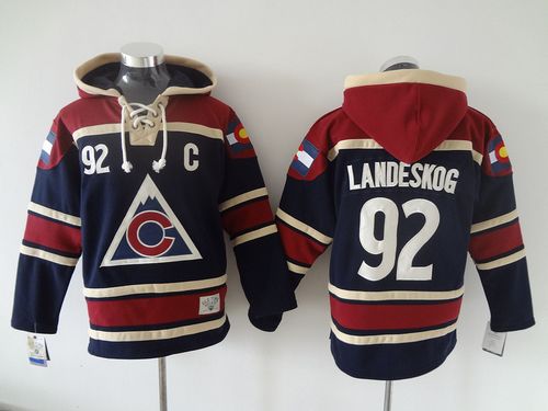 Avalanche #92 Gabriel Landeskog Navy Blue Sawyer Hooded Sweatshirt Stitched Jersey