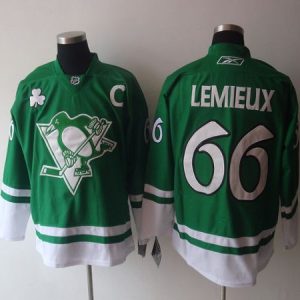 Penguins #66 Mario Lemieux Stitched Green St Patty's Day Jersey