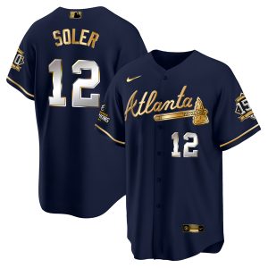 Atlanta Braves #12 Jorge Soler 2021 Navy Gold World Series Champions With 150th Anniversary Patch Cool Base Stitched Jersey