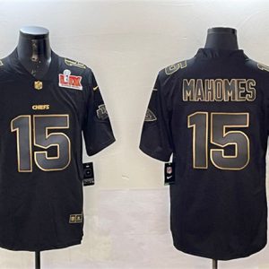 Kansas City Chiefs #15 Patrick Mahomes Black Gold 2025 Super Bowl LIX Patch Vapor Limited Stitched Jersey