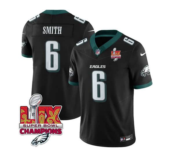 Philadelphia Eagles #6 DeVonta Smith Black 2025 Eagles Logo Super Bowl LIX Patch New F.U.S.E. Vapor Limited Stitched Jersey