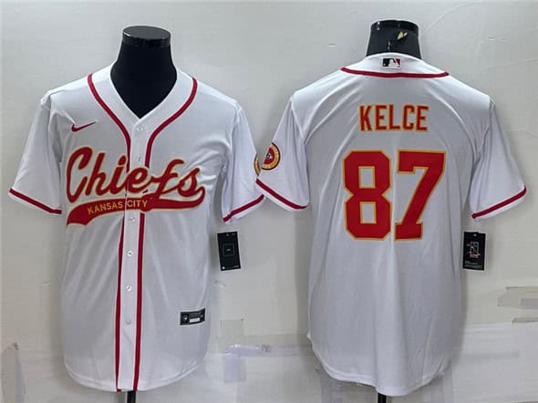 Kansas City Chiefs ##87 Travis Kelce White With Patch Cool Base Stitched Baseball Jersey