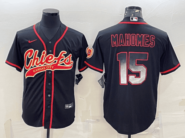 Kansas City Chiefs #15 Patrick Mahomes Black Red With Patch Cool Base Stitched Baseball Jersey