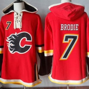 Flames #7 TJ Brodie Red Sawyer Hooded Sweatshirt Stitched Jersey