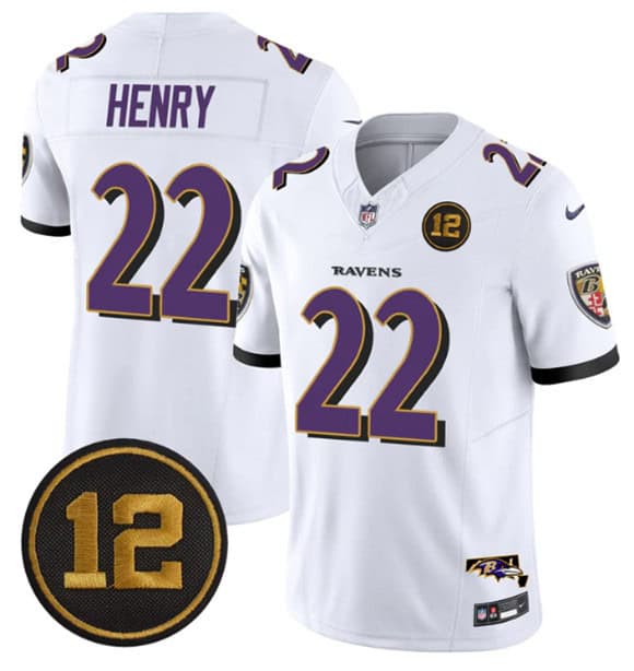 Baltimore Ravens #22 Derrick Henry White 2025 F.U.S.E Jacoby Jones Patch Vapor Limited Jersey