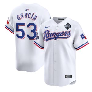 Texas Rangers #53 Adolis Garc¨ªa White 2023 World Series Patch And Champions Patch Stitched Jersey
