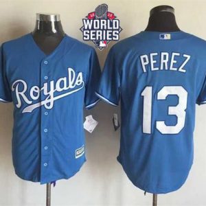 Royals #13 Salvador Perez Light Blue Alternate 1 New Cool Base W 2015 World Series Patch Stitched Jersey