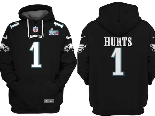 Philadelphia Eagles #1 Jalen Hurts Black Super Bowl LVII Patch Pullover Hoodie