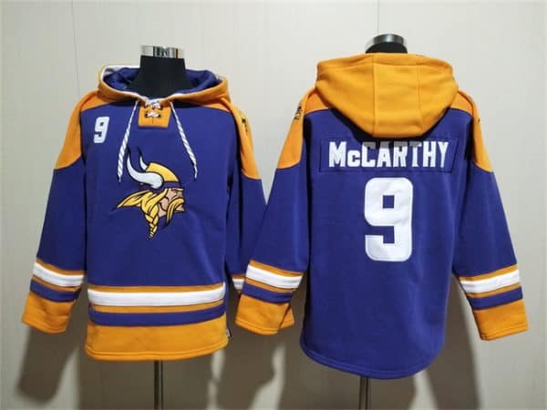 Minnesota Vikings #9 J.J. McCarthy Purple Yellow Ageless Must-Have Lace-Up Pullover Hoodie