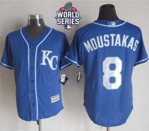 Royals #8 Mike Moustakas Blue Alternate 2 New Cool Base W 2015 World Series Patch Stitched Jersey
