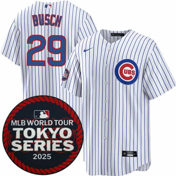 Chicago Cubs #29 Michael Busch White 2025 World Tour: Tokyo Series Home Stitched Jersey