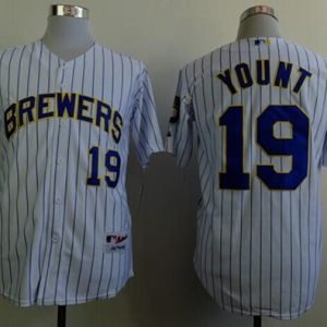 Brewers #19 Robin Yount White(Blue Strip) Stitched Jersey