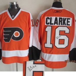 Flyers #16 Bobby Clarke Orange Autographed Stitched Jersey
