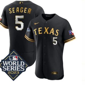 Texas Rangers #5 Corey Seager Black Gold 2023 World Series Flex Base Stitched Jersey