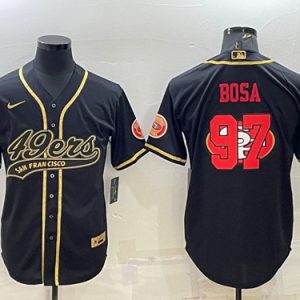 San Francisco 49ers #97 Nick Bosa Black Gold Team Big Logo With Patch Cool Base Stitched Baseball Jersey